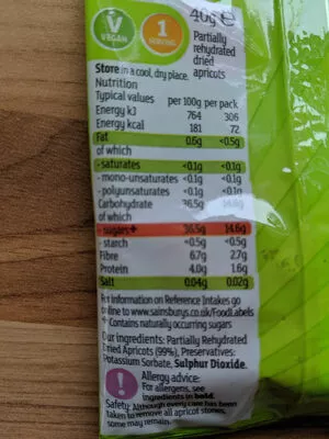 List of product ingredients apricots Sainsbury's 40g