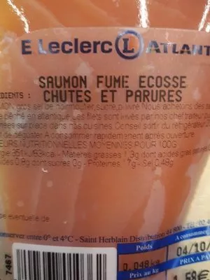 Liste des ingrédients du produit Saumon fumé ecosse chutes et parures  