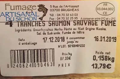 Liste des ingrédients du produit Saumon sauvage fumé en Auvergne  