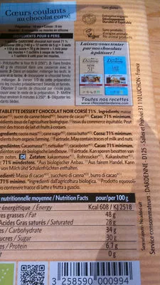 List of product ingredients chocolat noir 71% Dardenne 200