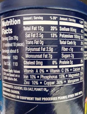 List of product ingredients whole cashews kraft foods 170g