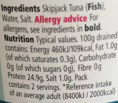 Lista de ingredientes del producto Tuna chunks in brine Tesco 160 g (120 g drained)