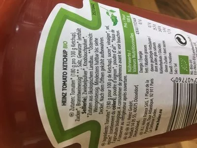 Lista de ingredientes del producto Tomato ketchup bio Heinz 