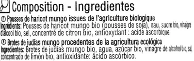 Lista de ingredientes del producto Brotes de judía mungo en conserva ecológicas "Carrefour Bio" carrefour bio 330 g (neto), 175 (escurrido), 370 ml