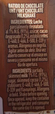 List of product ingredients Batido de chocolate Pascual 200