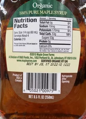 Liste des ingrédients du produit Maple grove farms, organic pure maple syrup  