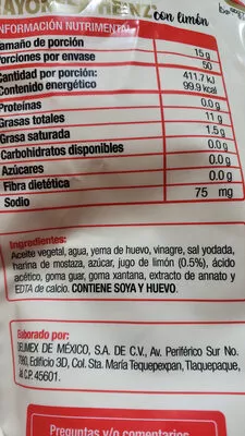 Liste des ingrédients du produit mayonesa con limón Heinz Heinz 750g