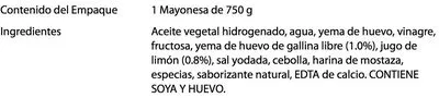 Lista de ingredientes del producto Mayonesa Heinz Heinz 750 g