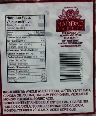 List of product ingredients Whole Wheat Pocketless Pita Haddad Bakery 425g