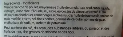 Lista de ingredientes del producto Sensations salade de poulet et canneberges compliments 360 g