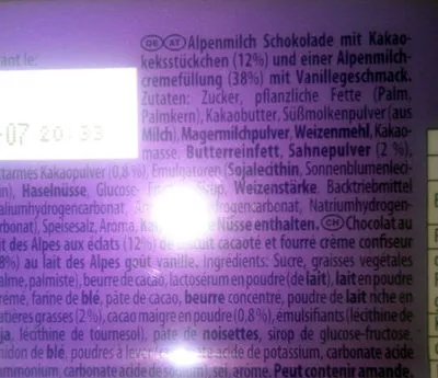 Liste des ingrédients du produit Oreo Milka, Mondelez 100 g