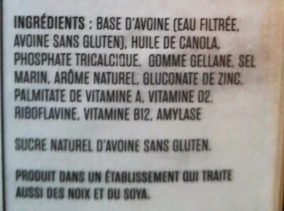 Lista de ingredientes del producto So Fresh AVOINE Vanille non sucrée Sans gluten Earth's own 1.75L