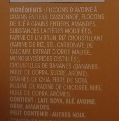 Lista de ingredientes del producto Granola bananes et noix Great value 