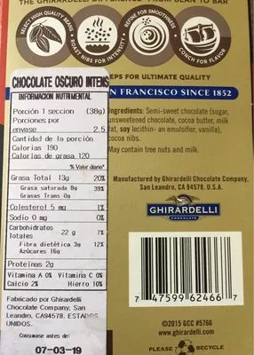Lista de ingredientes del producto Intense dark chocolate cocoa nibs Ghirardelli Chocolate,   Ghirardelli Chocolate Company 3.5 oz