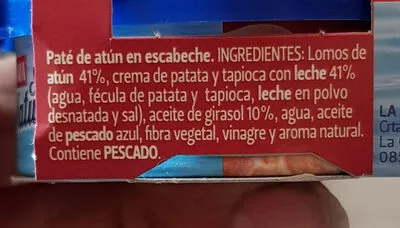 Lista de ingredientes del producto Pate atun en escabeche La Piara 2x75g