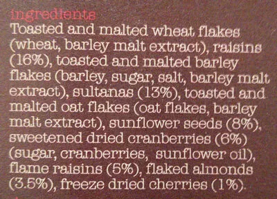 List of product ingredients Müesli aux canneberges cerises et amandes Dorset cereals 540g