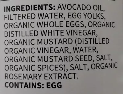 Liste des ingrédients du produit Avocado oil traditional mayo non-gmo pure unsweetened Chosen Foods  Llc 12 fl oz