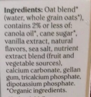 Lista de ingredientes del producto Oat Vanilla Chobani 