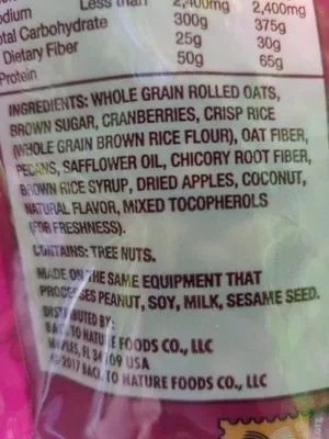 Lista de ingredientes del producto Back to nature, granola, cranberry pecan Back To Nature 11 Oz / 311 g