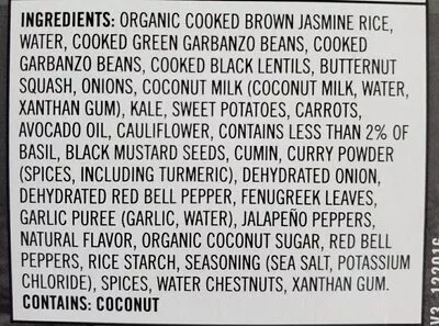 List of product ingredients Great karma coconut curry bowl with brown jasmine rice, garbanzos, and butternut squash, cooked in avocado oil, great karma coconut curry Performance Kitchen 283g