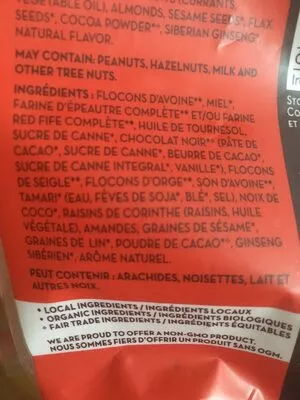 List of product ingredients Gourmet granola fourmi bionique 