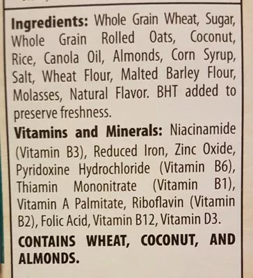 Lista de ingredientes del producto Cereal, coconut almond crunch Post 453 g