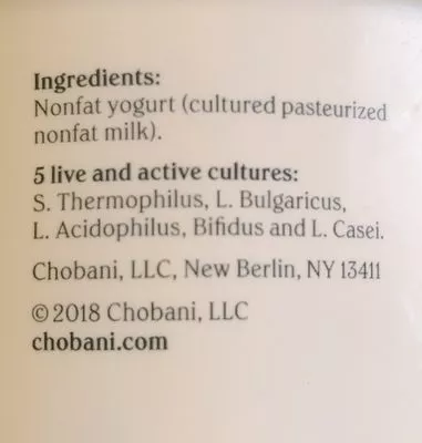List of product ingredients Vanilla blended with greek yogurt, vanilla Chobani 