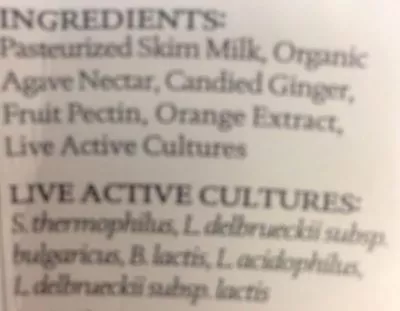 List of product ingredients Orange & ginger icelandic style skyr strained non-fat yogurt, orange & ginger Siggi's Orange & Ginger 0% Milk-fat Icelandic Style Skyr,  Siggi's 5.3 oz. (150 g)