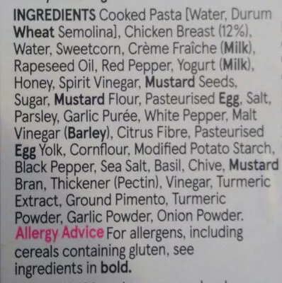 Lista de ingredientes del producto Honey & Mustard Chicken Pasta Tesco 300 g