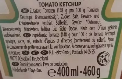List of product ingredients Tomato Ketchup Heinz 400ml 460g
