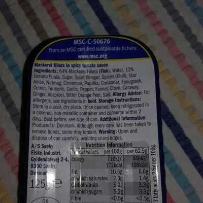 List of product ingredients nixe mackerel fillets in spicy tomato sauce Nixe 125 g