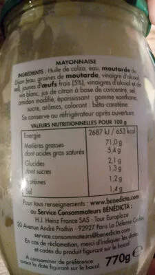 Liste des ingrédients du produit mayonnaise aux oeufs frais Bénédicta,  Heinz 770g