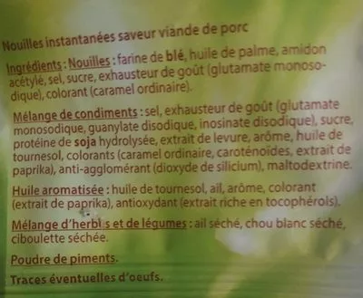 List of product ingredients Nouilles instantanées porc Asia Green Garden 