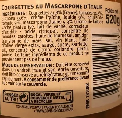 List of product ingredients Courgettes au mascarpone d'Italie U Saveurs 