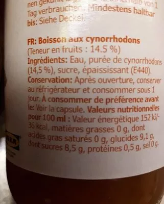 Lista de ingredientes del producto Dryck Nypon Ikea 250 mL