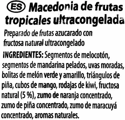 Lista de ingredientes del producto Mezcla de frutas tropicales congeladas "Golden Fruit" Golden Fruit 750 g