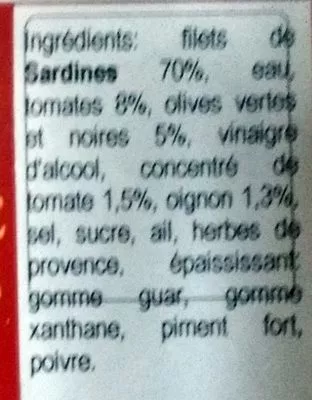 Lista de ingredientes del producto Filets de Sardines Sauce à la Provençale Connétable 100 g