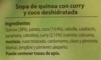 Liste des ingrédients du produit Sopa de quinoa con curry y coco Asia Green Garden 200 g