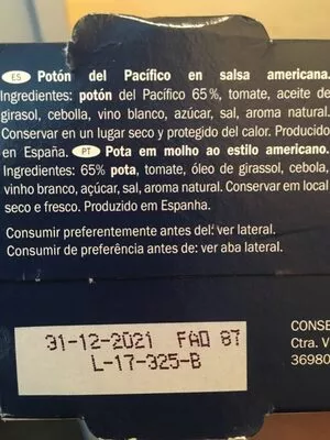 Lista de ingredientes del producto Calamares en trozos en salsa americana Nixe 234 g