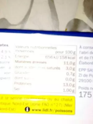List of product ingredients Filets de maquereaux aux vin blanc et aux aromates Nixe, Lidl Stiftung & Co. KG 175 g (110 g net égoutté)