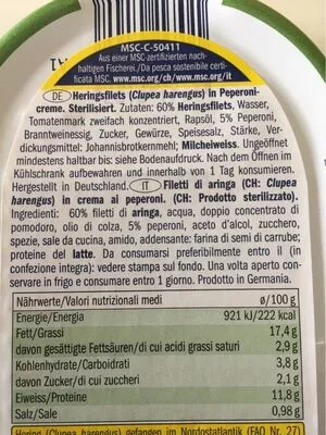 Lista de ingredientes del producto Zarte Heringsfilets In Paprika Creme Nixe 200g
