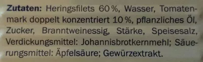 Liste des ingrédients du produit Heringsfilets in Tomatensauce Fischer Stolz,  Nixe 200g