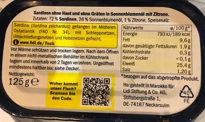 Liste des ingrédients du produit Sardinen in Sonnenblumenöl mit Zitrone Nixe 125g