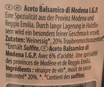 List of product ingredients Aceto Balsamico di Modena I.G.P Villa Gusto 500 ml