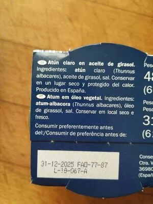 List of product ingredients Atún claro en aceite de girasol Nixe 