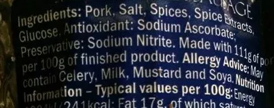List of product ingredients smoked pork sausage  PIKOK 286g