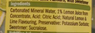Lista de ingredientes del producto Lemon and lime sparkling mineral water drink Carrick Glen 