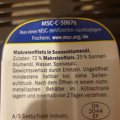 Liste des ingrédients du produit Makrelenfilet in Sonnenblumenöl Nixe 125g