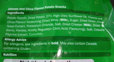 Lista de ingredientes del producto Cheese & Chive Potato Snacks Snaktastic 150 g