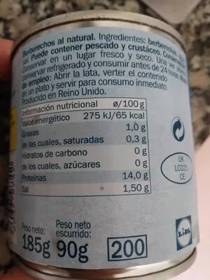 List of product ingredients BERBERECHOS AL NATURAL Nixe 
